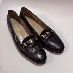 Salvatore Ferragamo Dark Brown Croc-Embossed Leather Loafers